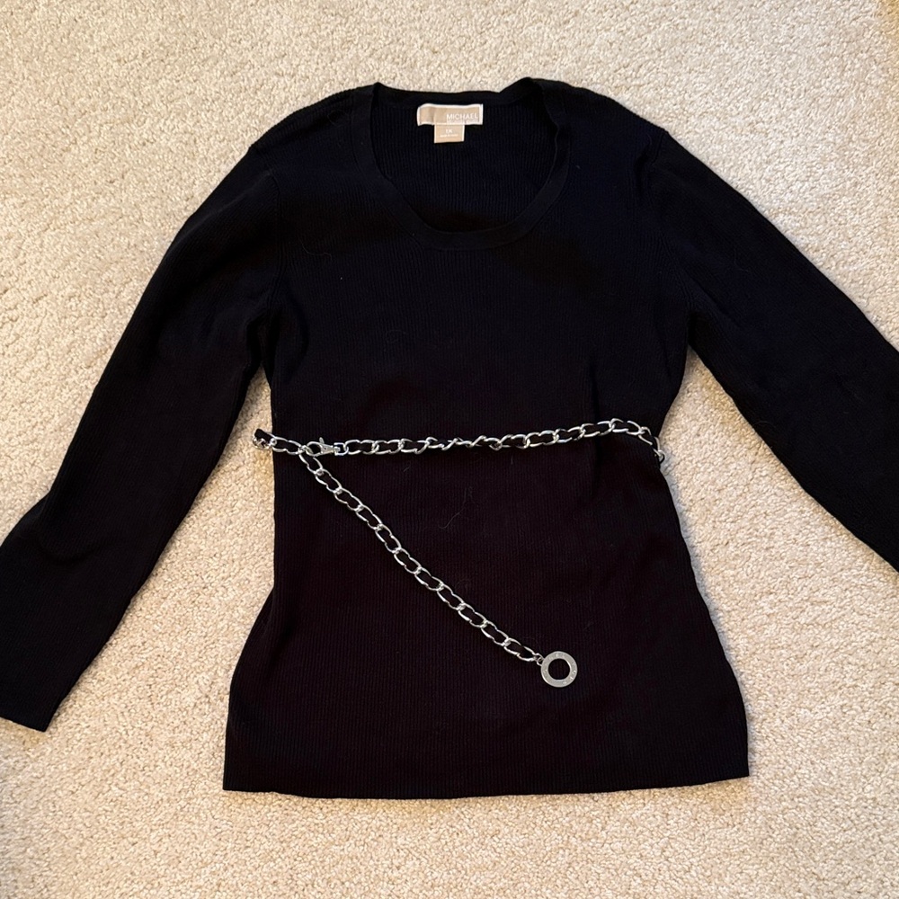 Michael Kors Black Long Sleeve Top with Chain Accent